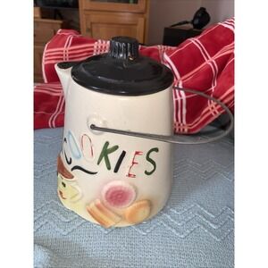 Vintage 1950's USA American Bisque Coffee Pot Style Cookies Jar w/Lid & Handle